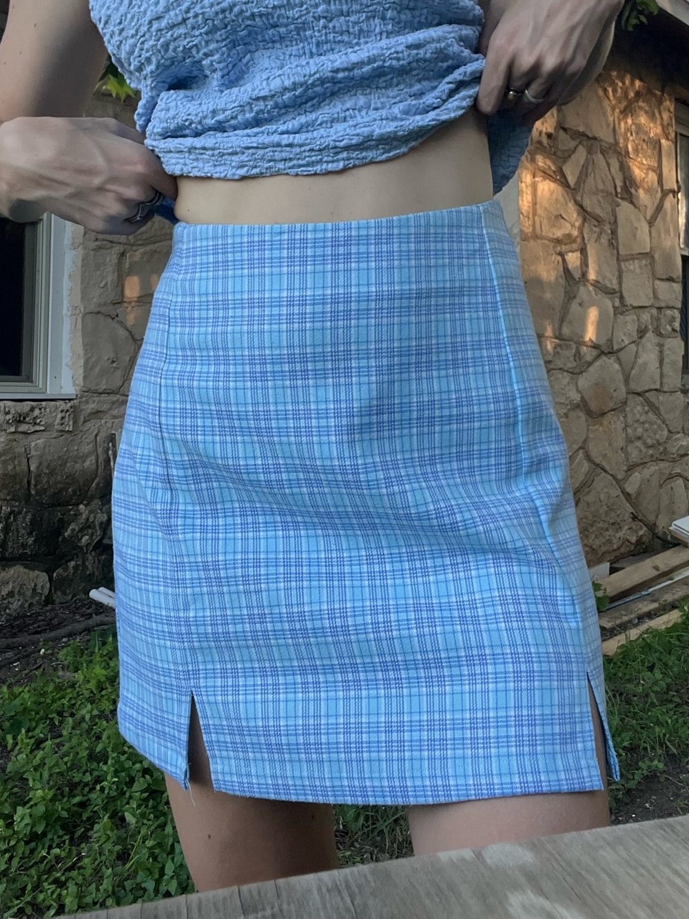 Light Blue Plaid Mini Skirt - Picture 2 of 6